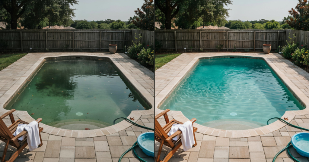 green pool before and after shocking — dark green cloudy pool versus crystal clear blue pool after correct shock treatment