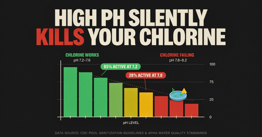 Chart showing how high pool pH above 7.8 reduces chlorine effectiveness from 65 percent HOCl at pH 7.2 to just 28 percent at pH 7.8