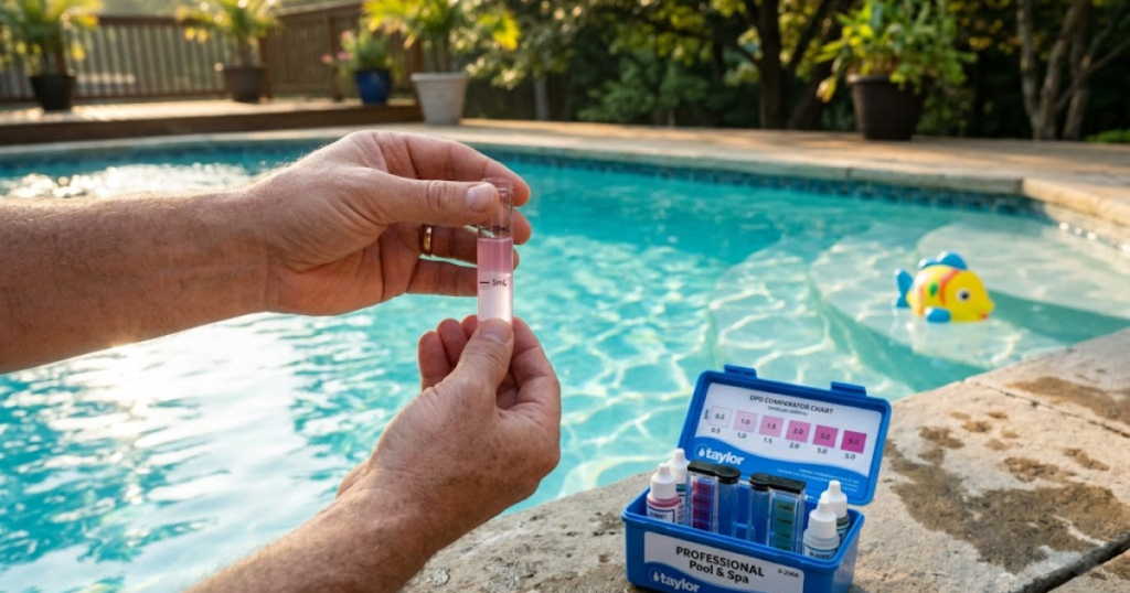 how long to wait after shocking pool - DPD test kit showing pale pink 2ppm safe chlorine reading on pool coping next morning