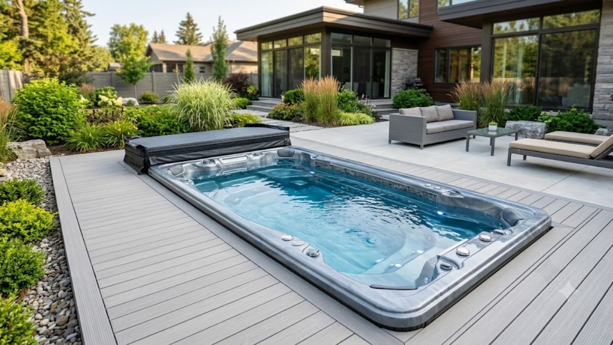How Much Does a Swim Spa Cost-Modern backyard swim spa showing the cost and value of a residential swim spa installation.