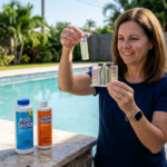 how to raise chlorine in a pool — test kit showing low chlorine reading beside backyard pool