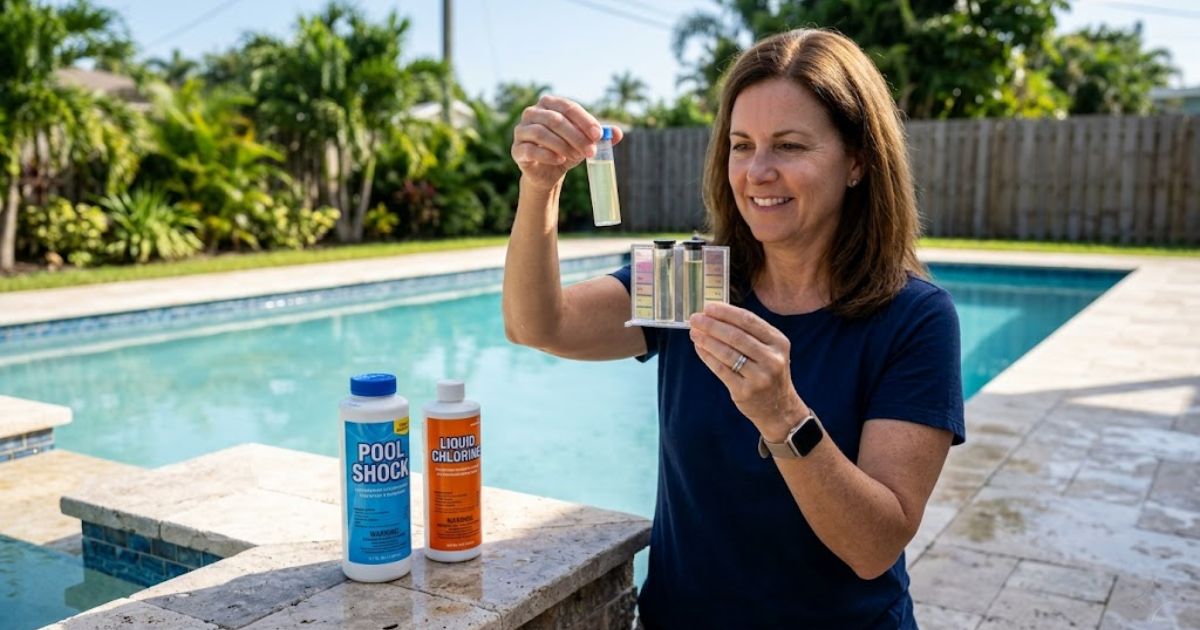 how to raise chlorine in a pool — test kit showing low chlorine reading beside backyard pool