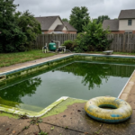 how to shock a green pool — severely green cloudy pool with algae on walls and steps before treatment
