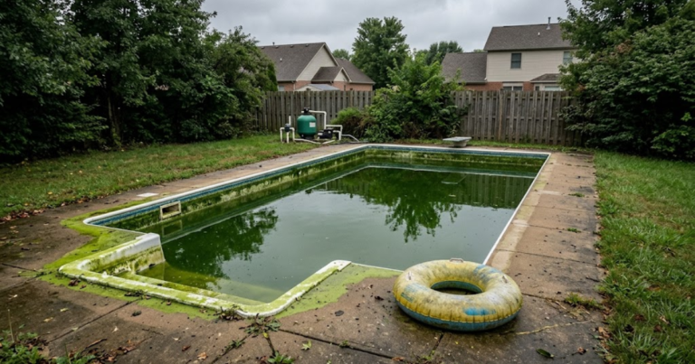how to shock a green pool — severely green cloudy pool with algae on walls and steps before treatment