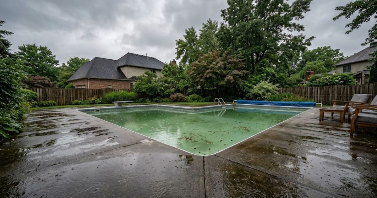 Cloudy green pool water the morning after heavy rain