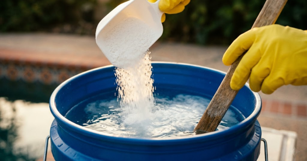 how to shock a pool step by step - pre-dissolving cal-hypo granules in 5-gallon bucket with yellow gloves