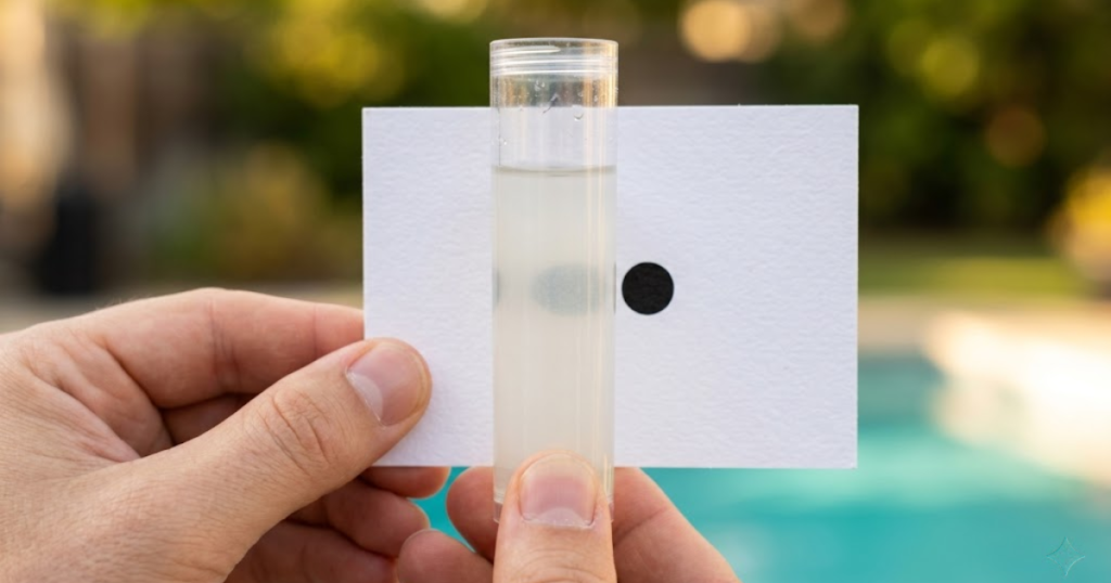 how to test cyanuric acid in pool — CYA turbidity test showing black dot barely visible at ideal 40-50 ppm level