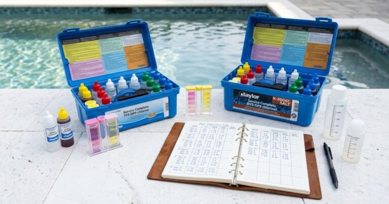 how to test pool water — DPD test kit and test strips beside residential pool showing correct water testing method