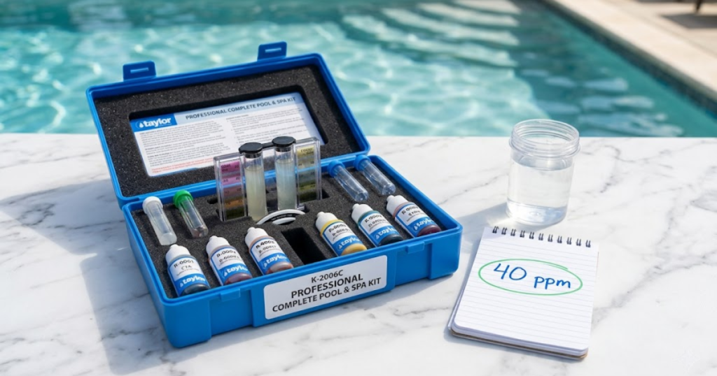 ideal pool cyanuric acid level 30-50 ppm — CYA turbidity test showing 40 ppm ideal reading