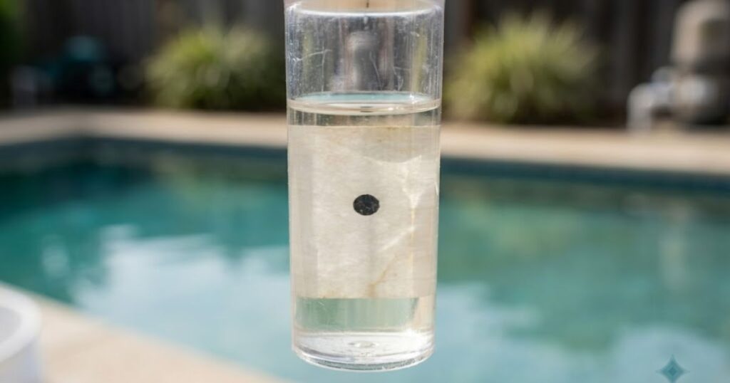 CYA pool test tube showing very low cyanuric acid level — black dot barely visible through water sample
