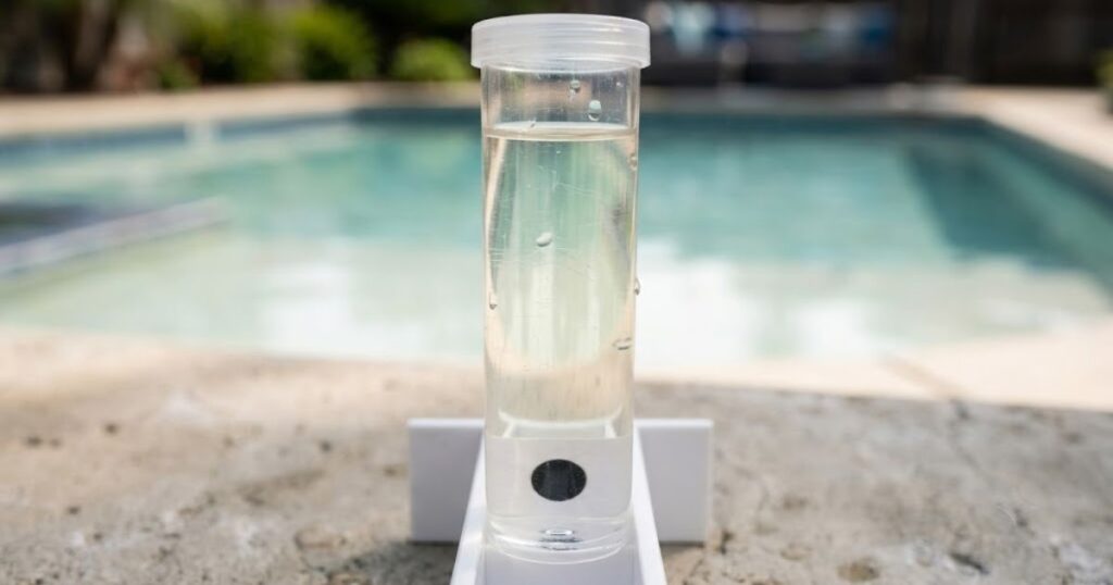 Cyanuric acid test tube showing very low reading — black dot barely visible indicating insufficient chlorine protection from UV