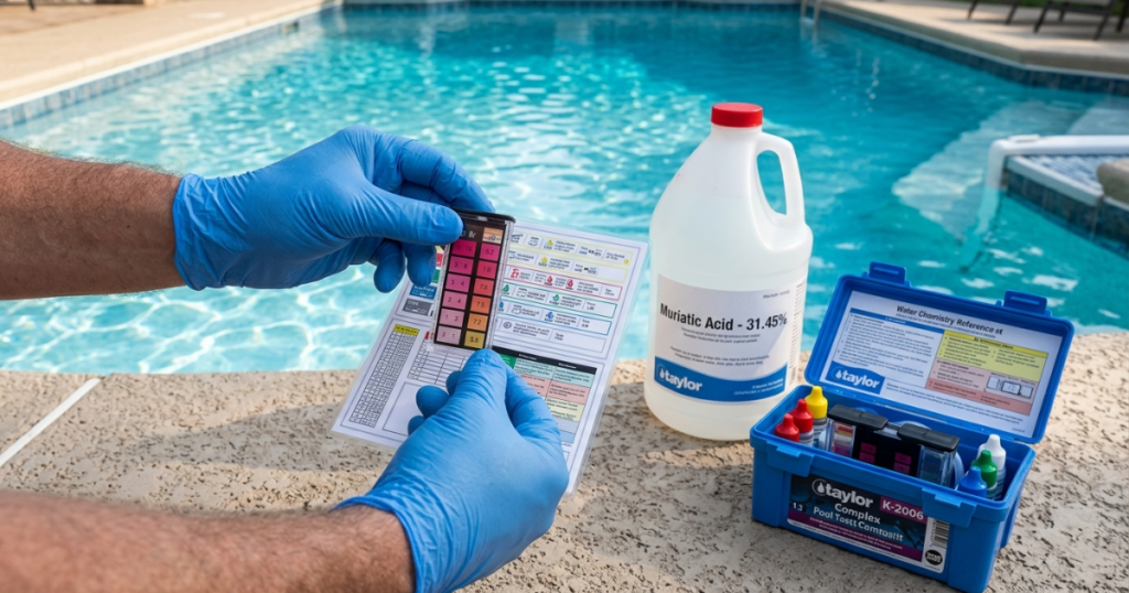 Pool owner testing water chemistry beside backyard pool with pH test kit to lower pool pH naturally using 7 proven methods