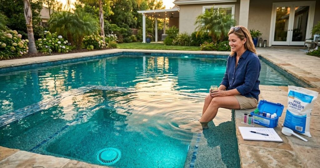 perfect pool water chemistry with ideal cyanuric acid levels — crystal clear residential pool with satisfied pool owner