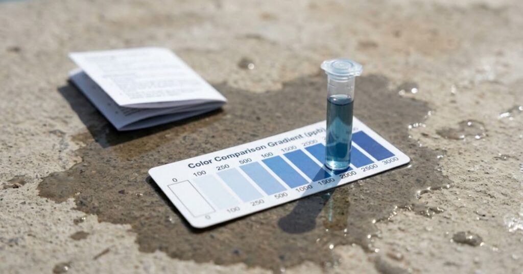 Phosphate test kit showing elevated reading on pool deck — hidden organic growth feeding off phosphates