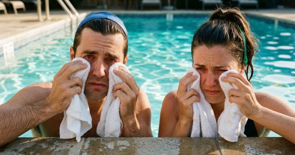 pool chloramine problem from high combined chlorine — swimmers with red irritated eyes despite normal total chlorine reading