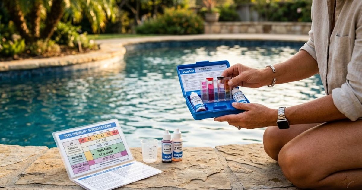 pool chlorine levels chart — complete pool chemistry reference with test kit and ideal ranges on pool coping