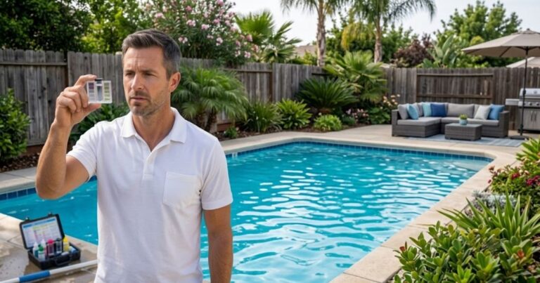pool crystal clear but no chlorine , Pool care specialist John Phillips testing chlorine level in a crystal clear backyard pool showing zero reading