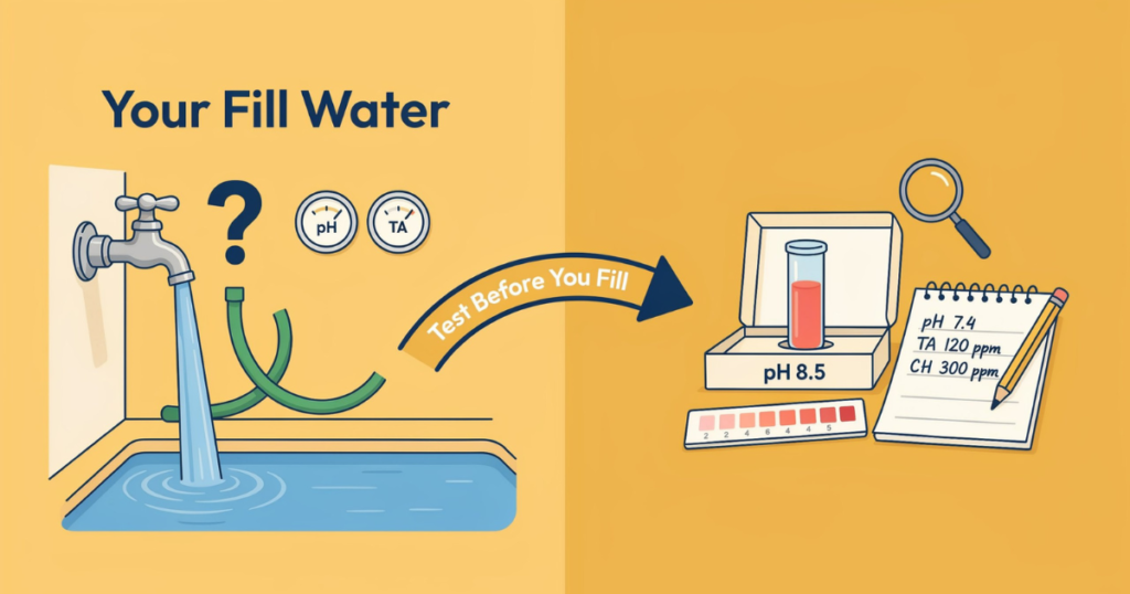 Garden hose filling backyard pool while pool owner tests fill water pH separately to manage pool chemistry and lower pool pH naturally