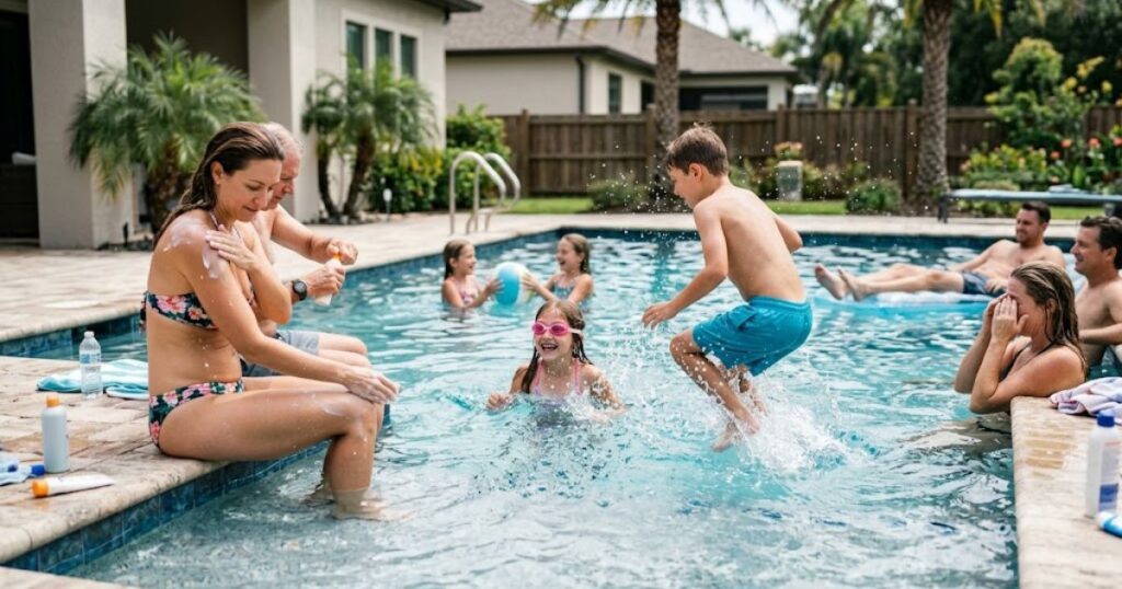 Pool owner performing routine maintenance to prevent chlorine smell and chloramine buildup
