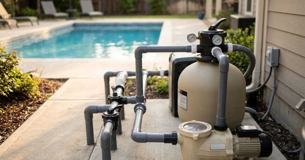 pool pump and filter running after shock treatment — equipment pad with pressure gauge and clear pool in background
