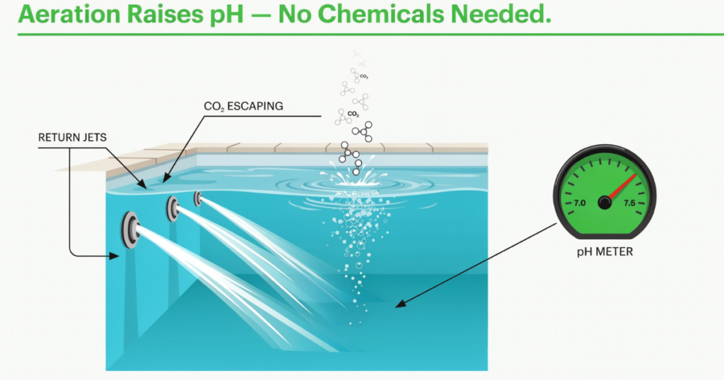 pool return jets angled upward creating surface agitation to lower pool pH naturally through CO2 aeration and offgassing