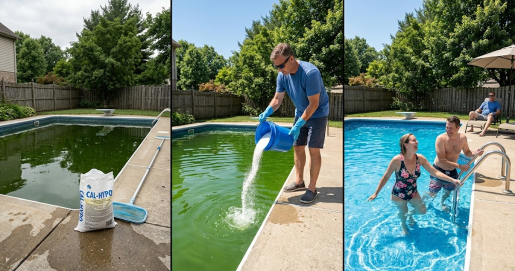 pool shock comparison - three scenarios showing cal-hypo for algae dichlor for daytime and non-chlorine for fast swim return