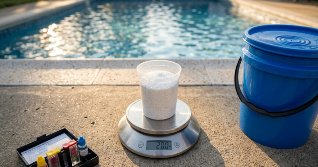 pool shock dosage - measuring correct amount of cal-hypo on kitchen scale beside 5-gallon bucket on pool deck