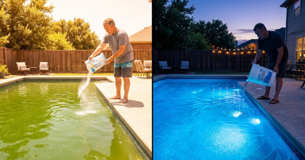 pool shocking mistakes - wrong method adding shock in direct sunlight versus correct method pouring pre-dissolved shock at dusk
