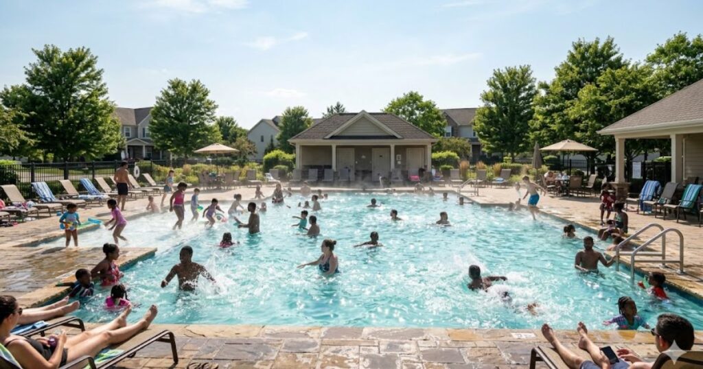 pool smell from chloramines not excess chlorine — busy pool with strong chemical odour from trichloramine
