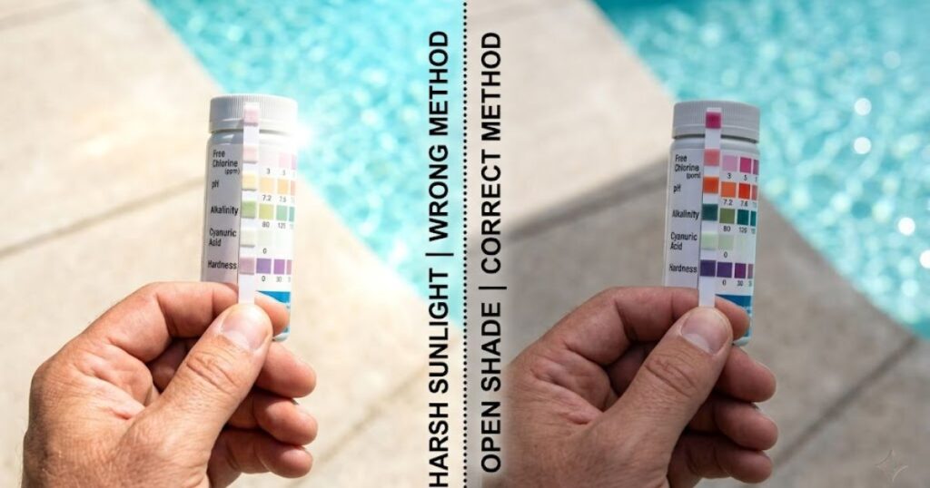 pool water testing mistakes — reading test strip in direct sunlight wrong versus in shade correct