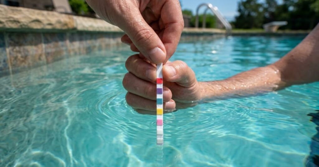 pool test strips — dipping test strip correctly in pool water for quick chlorine pH and alkalinity reading