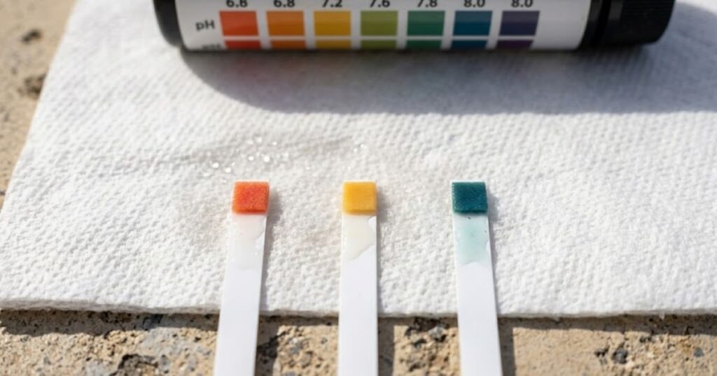 Three pool test strips showing pH readings from low (orange-red) to balanced (blue-green) — pH crash comparison