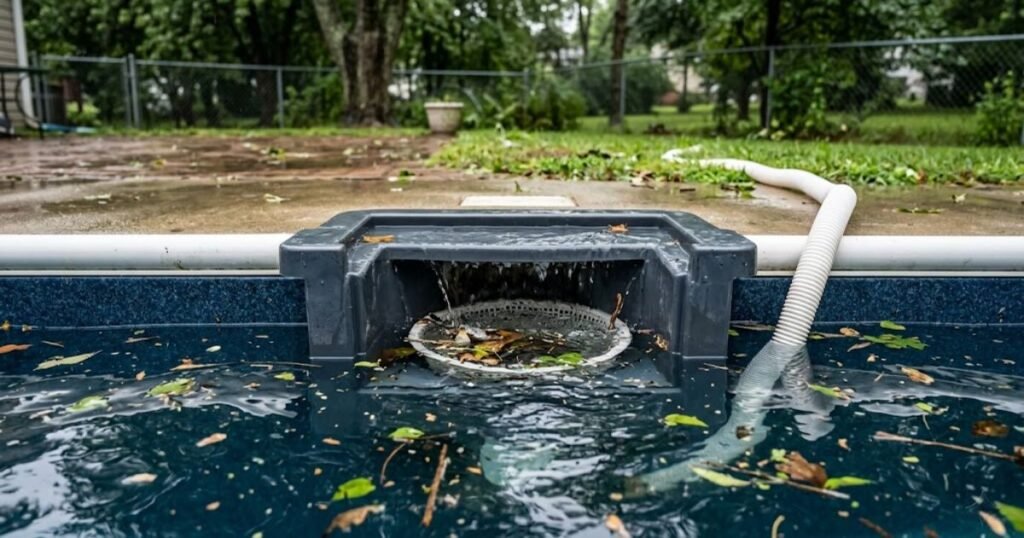 Pool water level too high after heavy rain covering the skimmer opening