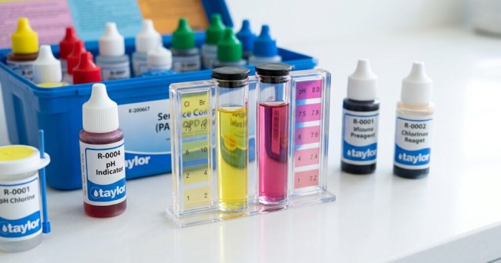 Taylor K-2006C test kit showing pool water pH and chlorine readings