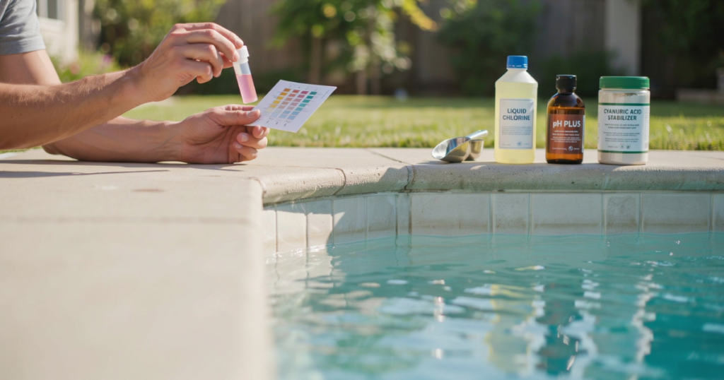 regular pool water testing routine to prevent chlorine from dropping — DPD test kit showing ideal 2 ppm reading
