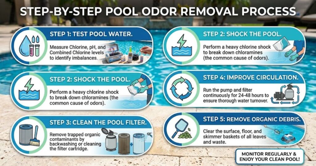 Pool owner testing chlorine pH and water quality before swimming