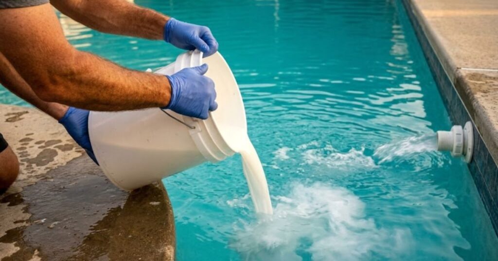 Pouring pre-dissolved powder chlorine shock solution into pool water in front of return jet