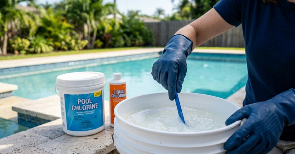 pre-dissolving granular chlorine in a bucket before adding to pool — correct method to raise chlorine safely