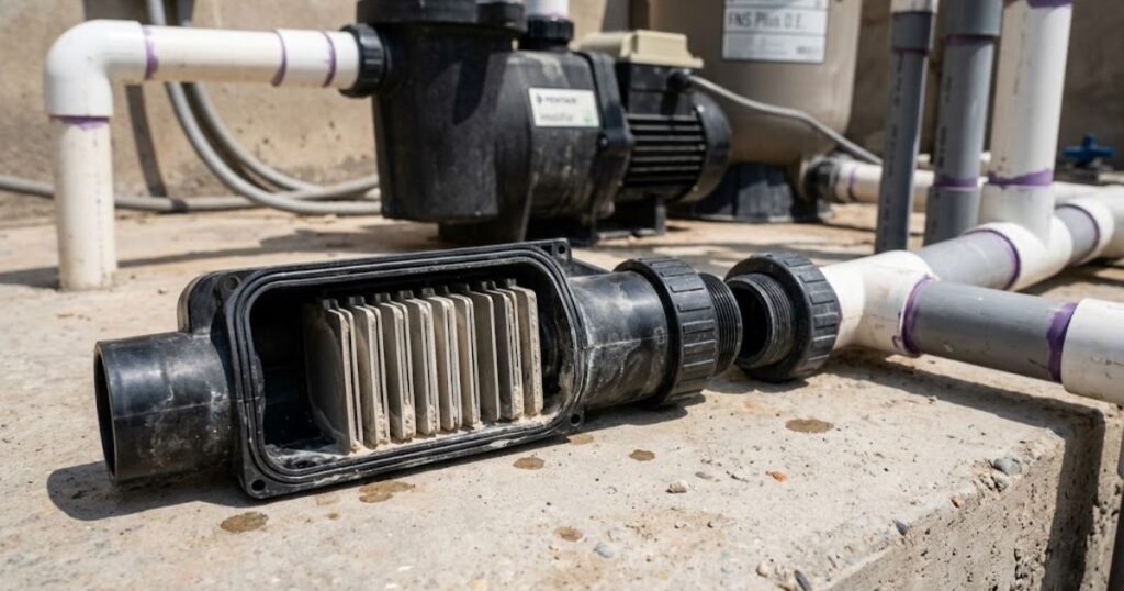 Saltwater pool salt cell chlorine generator removed for inspection showing titanium plates and equipment pad