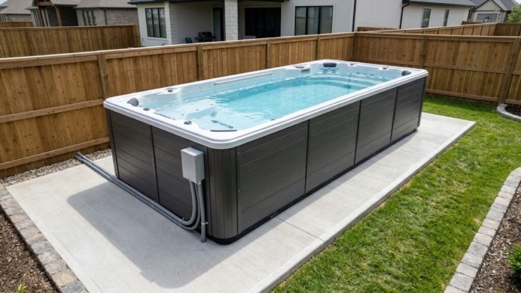 Residential swim spa installed on a reinforced concrete foundation in a modern backyard.