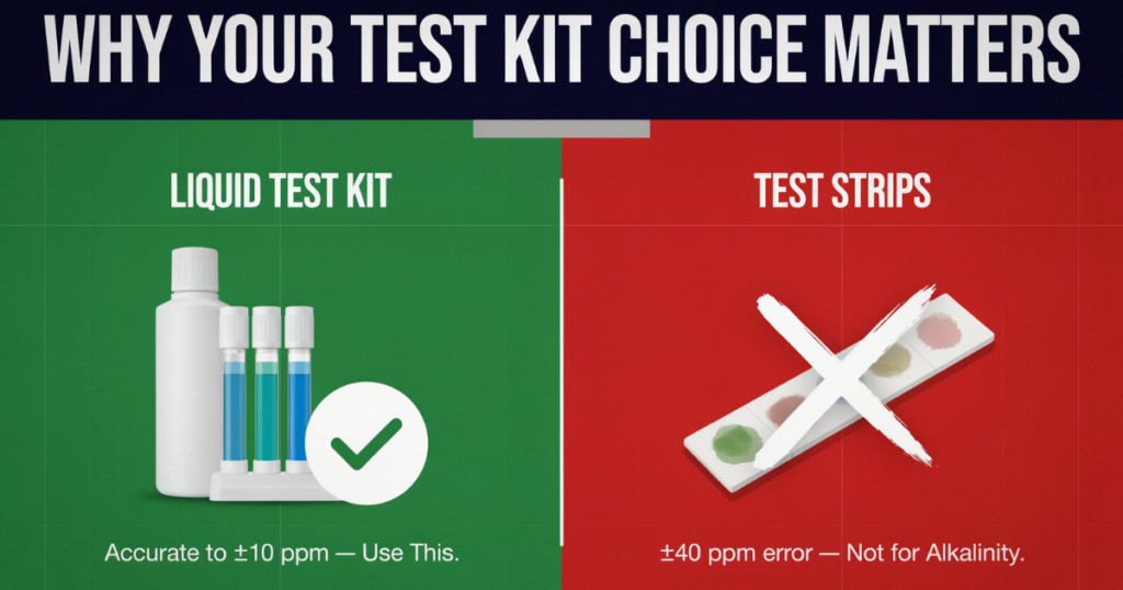 Taylor K-2006C liquid test kit beside pool test strips showing accuracy comparison for measuring pool pH and total alkalinity