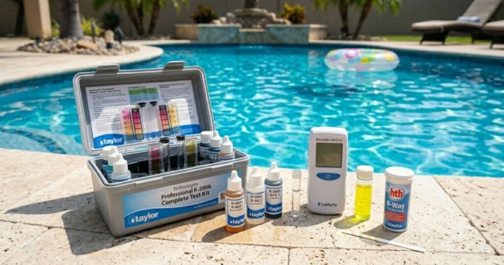 Woman testing pool free chlorine level with Taylor K-2006 test kit the morning after shocking with powder chlorine