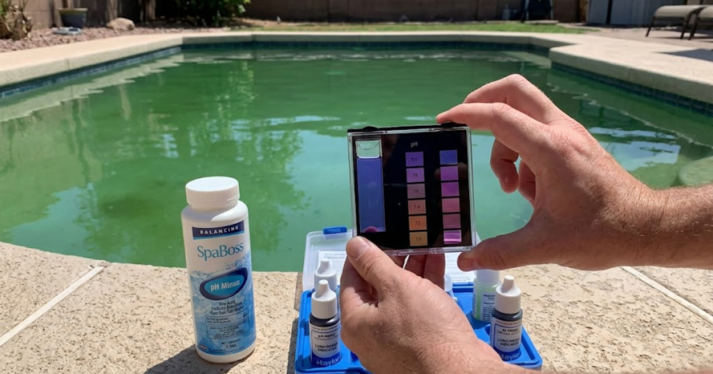 testing pH of green pool water before shocking — high pH reading above 7.8 needs correcting before shock treatment works
