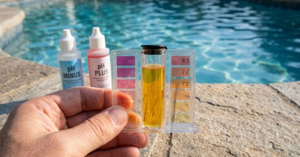 testing pool pH level — liquid pH test showing ideal 7.2 reading for swimming pool water balance