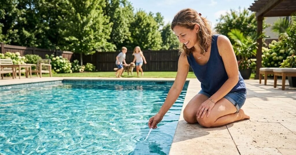 Parent testing pool water with test strip before letting family swim after rain