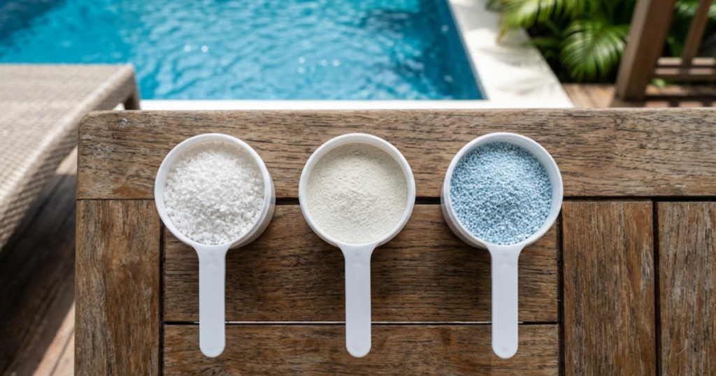 three types of pool shock - calcium hypochlorite dichlor and non-chlorine MPS granules side by side on pool deck
