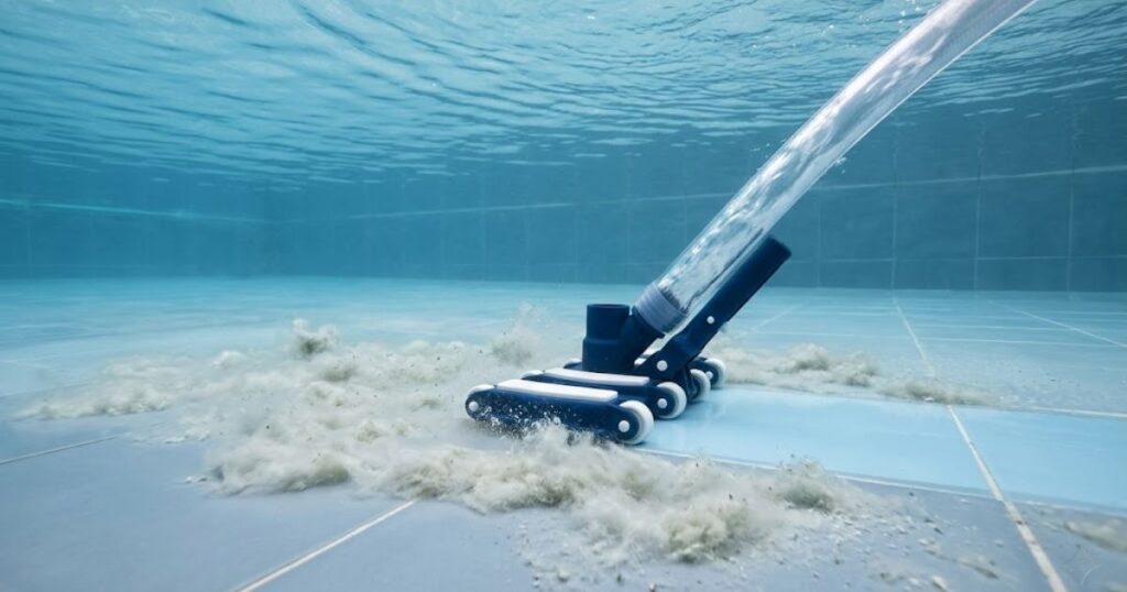 vacuuming pool to waste after flocculant treatment — removing settled dead algae from pool floor