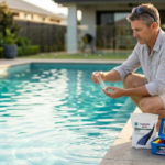 what is cyanuric acid in a pool — CYA turbidity test beside crystal clear residential swimming pool