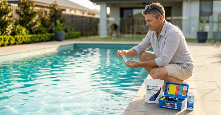 what is cyanuric acid in a pool — CYA turbidity test beside crystal clear residential swimming pool