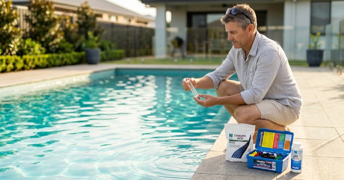 what is cyanuric acid in a pool — CYA turbidity test beside crystal clear residential swimming pool